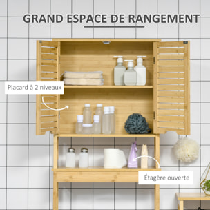 Meuble WC meuble dessus toilettes style cosy dim. 60L x 23l x 173H cm portes à lattes étagère bambou MDF aspect bois clair