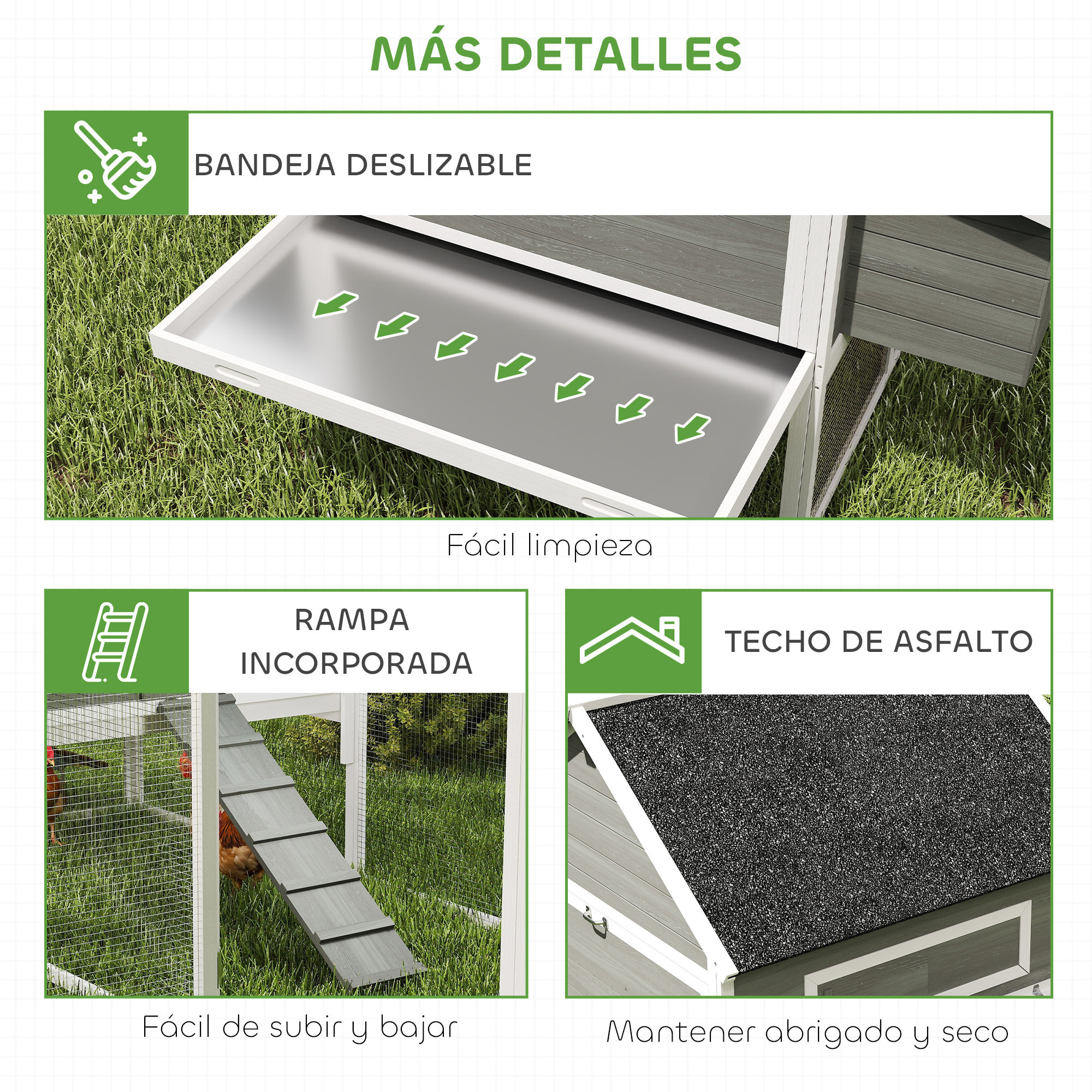 Gallinero de Madera Grande Exterior, Caseta para Gallinas con 2 Nidos, Corral, Techo Asfáltico, Bandeja Extraíble y Rampa, Casa Elevada para 8-10 Gallinas, Conejos, 347x160x150 cm, Gris Oscuro