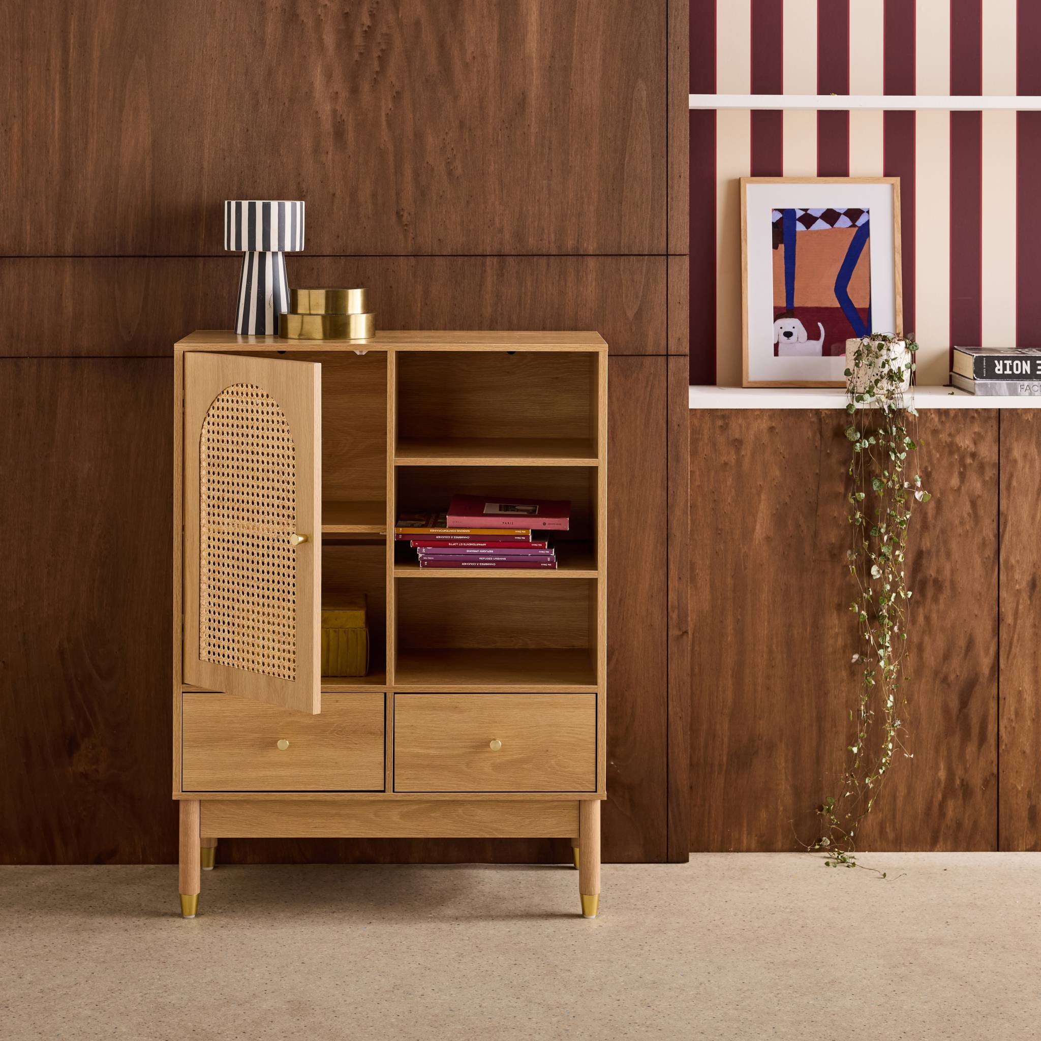 Buffet décor bois et cannage 1 porte 75cm JUDITH