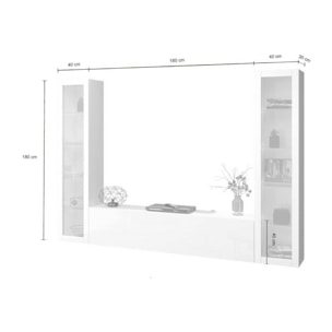 Parete attrezzata Gino, Set salotto porta TV a 3 ante, Mobile soggiorno multiuso con vetrina e luce LED, 100% Made in Italy, cm 260x30h180, Bianco lucido