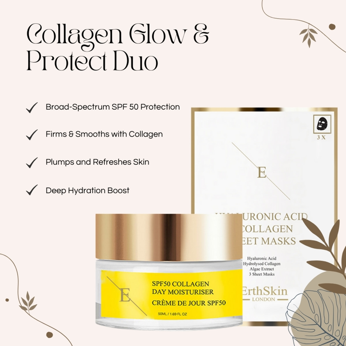 Crema de día con colágeno FPS 50 + mascarilla de ácido hialurónico y colágeno (3 láminas)