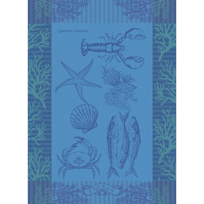 Torchon pur coton motif jacquard bleu L'ocean bleu