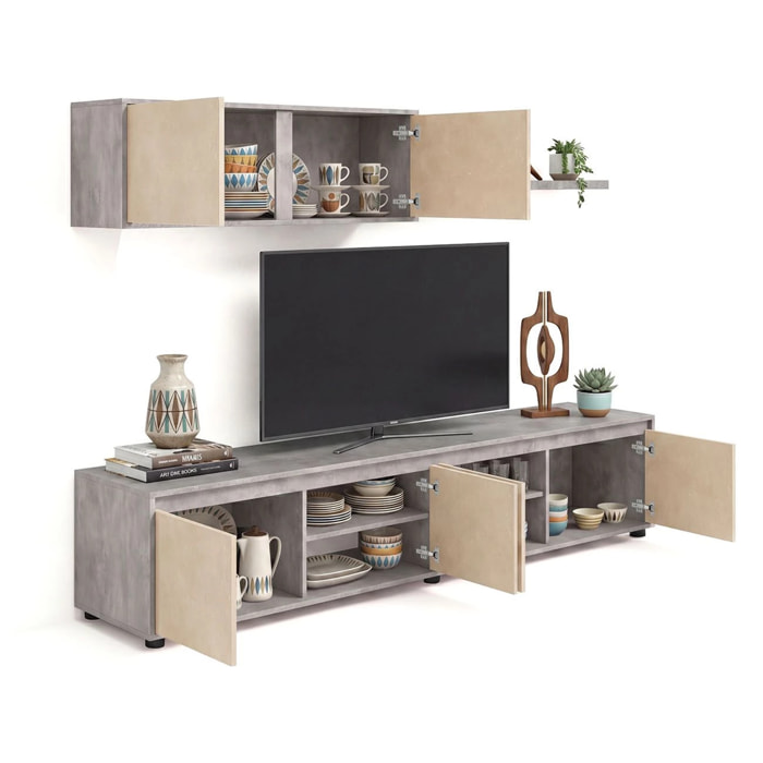 Salón con mueble de TV y estantería en gris cemento y efecto microcemento beige 200 cm Arlet Gris Cemento - Microcemento Beige