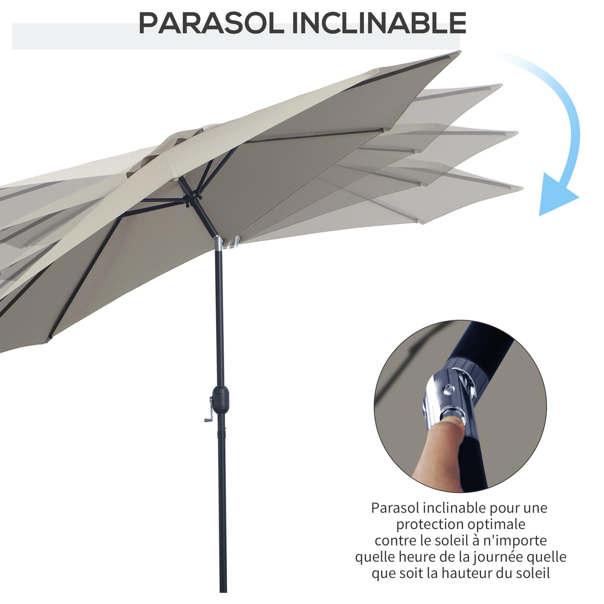 Parasol inclinable octogonal Ø 3 x 2,45 m ouverture fermeture par manivelle métal polyester haute densité gris clair