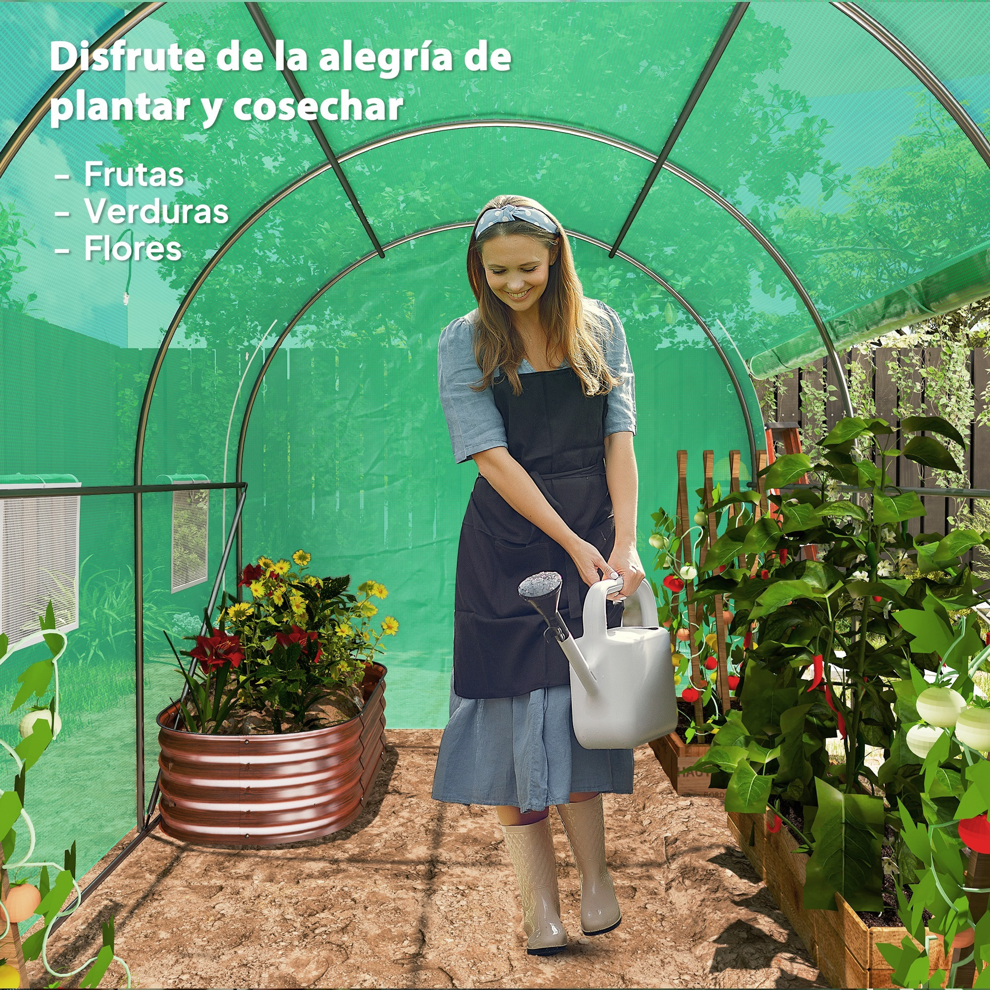 Invernadero de Túnel 296x196x200 cm Invernadero de Jardín con 3 Puertas Enrollables 6 Ventanas Cubierta PE 140g/m² Estructura de Acero Galvanizado para Cultivos Plantas Flores Verde