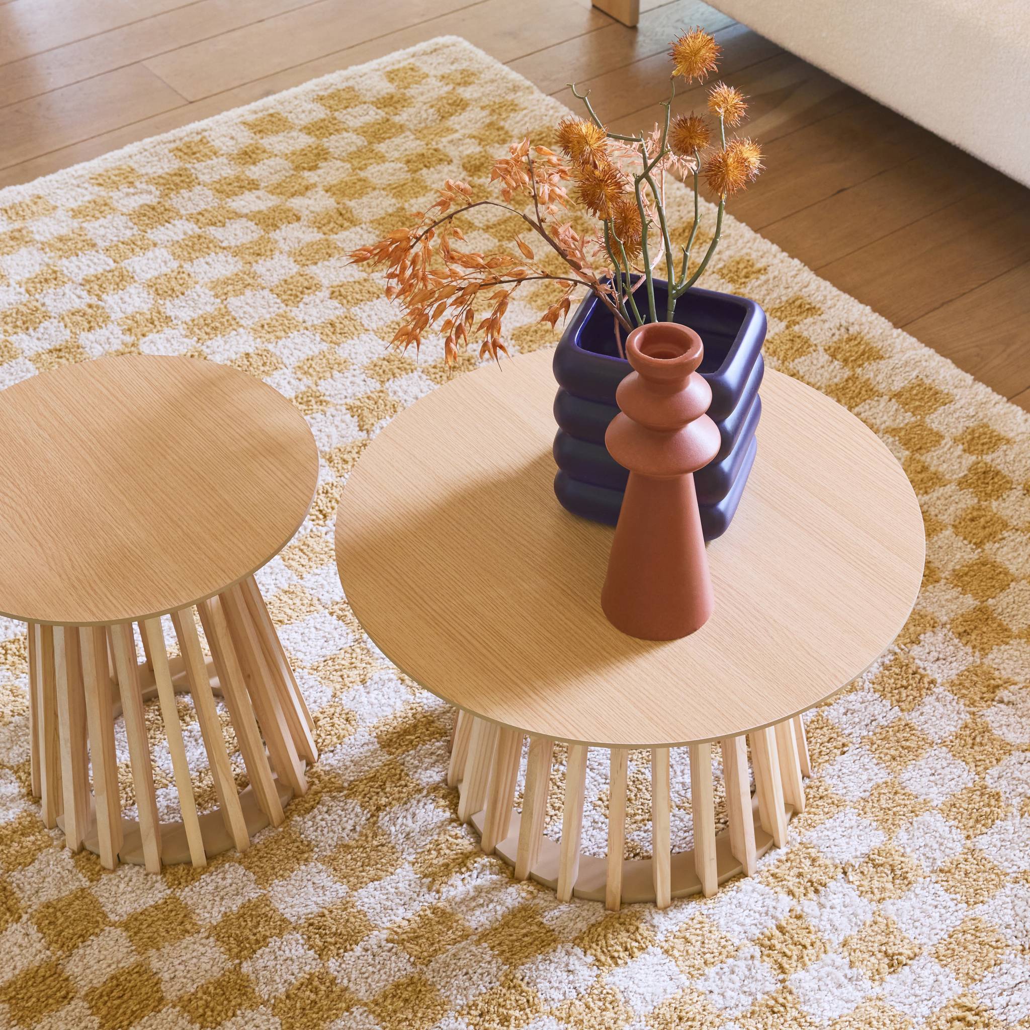 Tapis intérieur shaggy damier jaune moutarde et crème TAYLOR