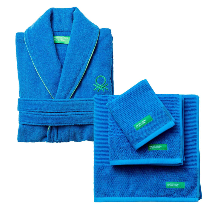 Albornoz con capucha en algodón + set de 3pc toallas de baño 'rainbow' color azul