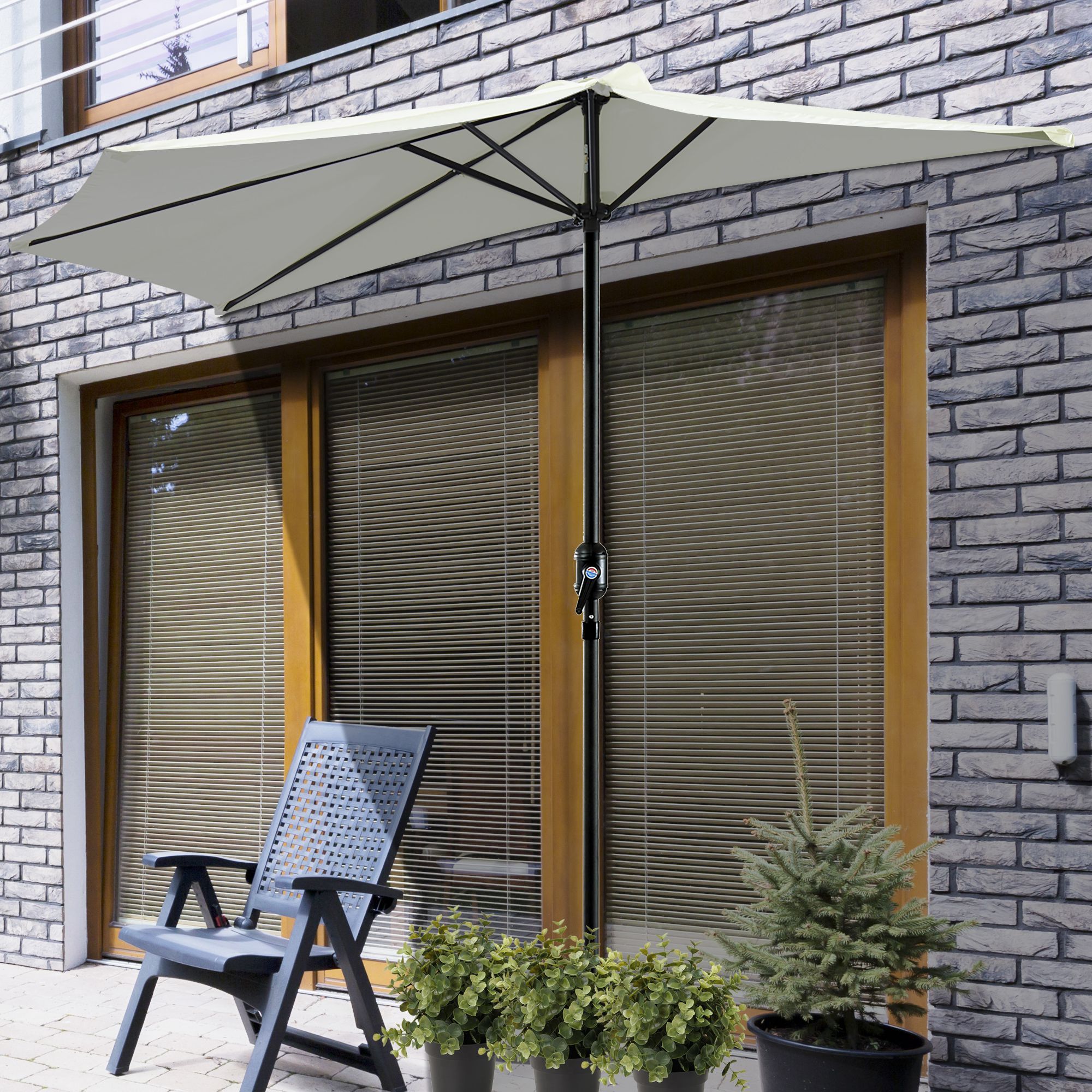Sombrilla 269x138x236 cm Parasol de Jardín con Manivela y Forma Semicircular para Exterior Terraza Patio Piscina Crema