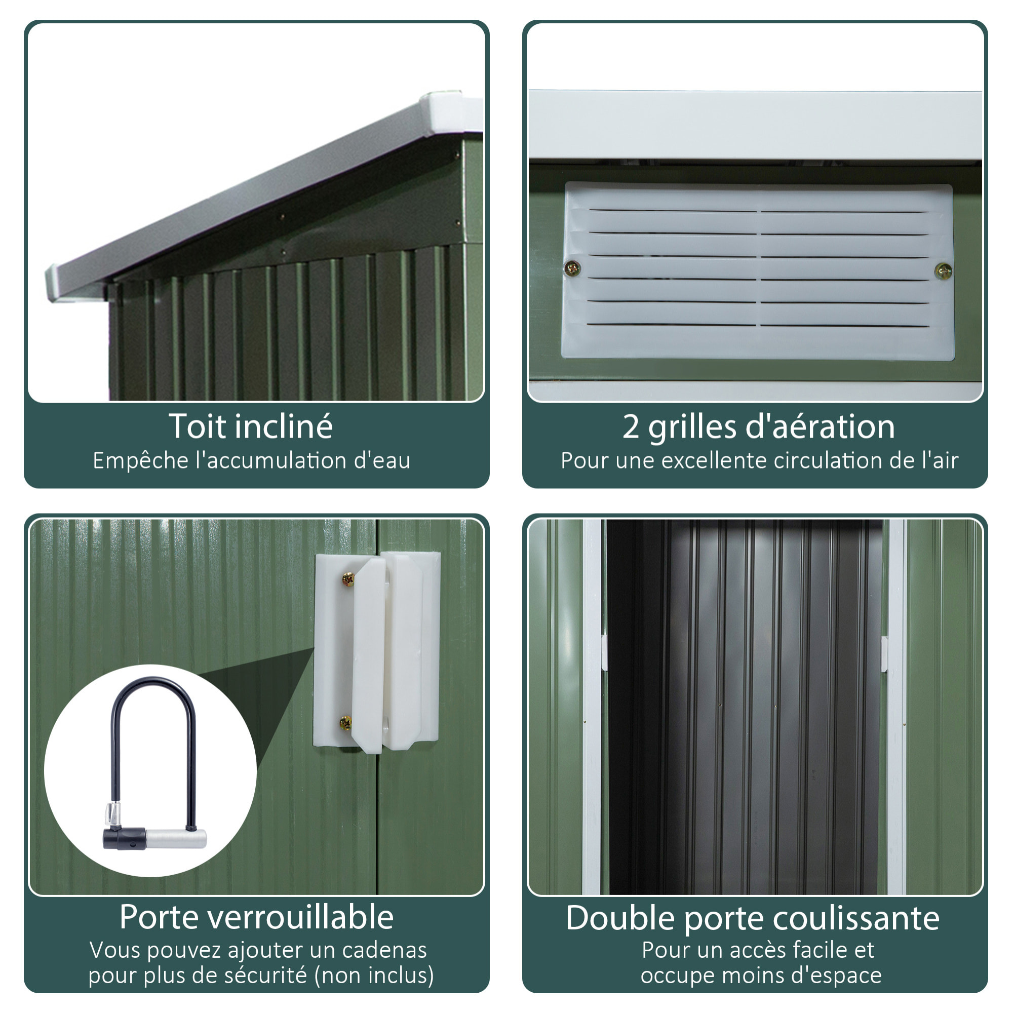 Abri de jardin - remise pour outils - fondation incluse - cabanon 2 portes coulissantes verrouillables - dim. 213L x 130l x 173H cm - tôle d'acier vert