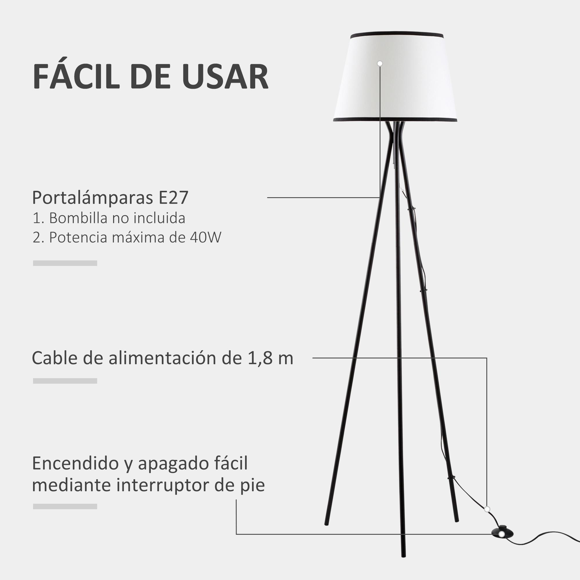 HOMCOM Lámpara de Pie con Trípode de Metal Pantalla de Tela E27 Máx. 40W e Interruptor de Pie Diseño Moderno para Salón Estudio Dormitorio 50x50x170 cm Blanco y Negro