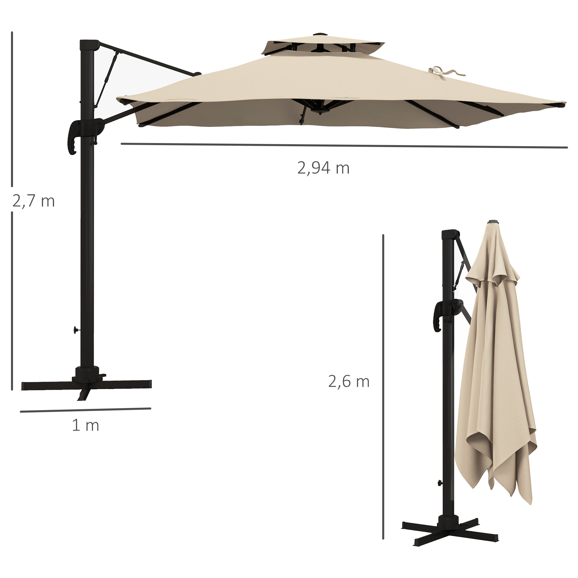 Sombrilla de Jardín 300x300 cm Parasol de Aluminio con Manivela Poste Giratorio 360° Doble Techo Inclinable en 6 Posiciones y Base Cruzada Incluida Caqui