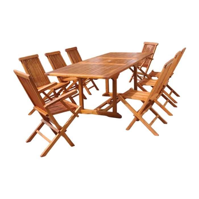 NARRA Table rectangulaire 6 chaises et 2 fauteuils en teck huilé