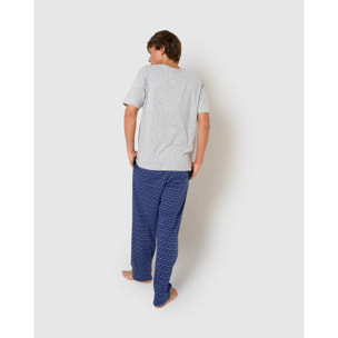Pigiama lungo in cotone cicle, a maniche corte, con stampa denim grigia