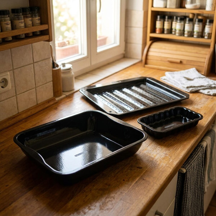 Lot de 3 plats de cuisson en acier émaillé 40 x 34 cm, 21 x 12 cm, 28 x 33 cm FM Professional Barbecue