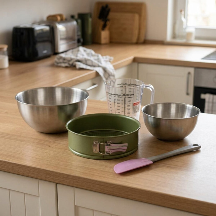 Set pâtisserie avec moule à manqué revêtement cire de carnauba, bols à mixer, verre mesureur et spatule Zenker