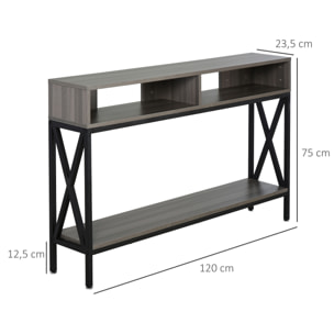 HOMCOM Mueble Recibidor Mesa Consola Estilo Industrial Vintage con 3 Estantes y Marco Metálico para Entrada Pasillo Salón 120x23,5x75 cm Gris y Negro