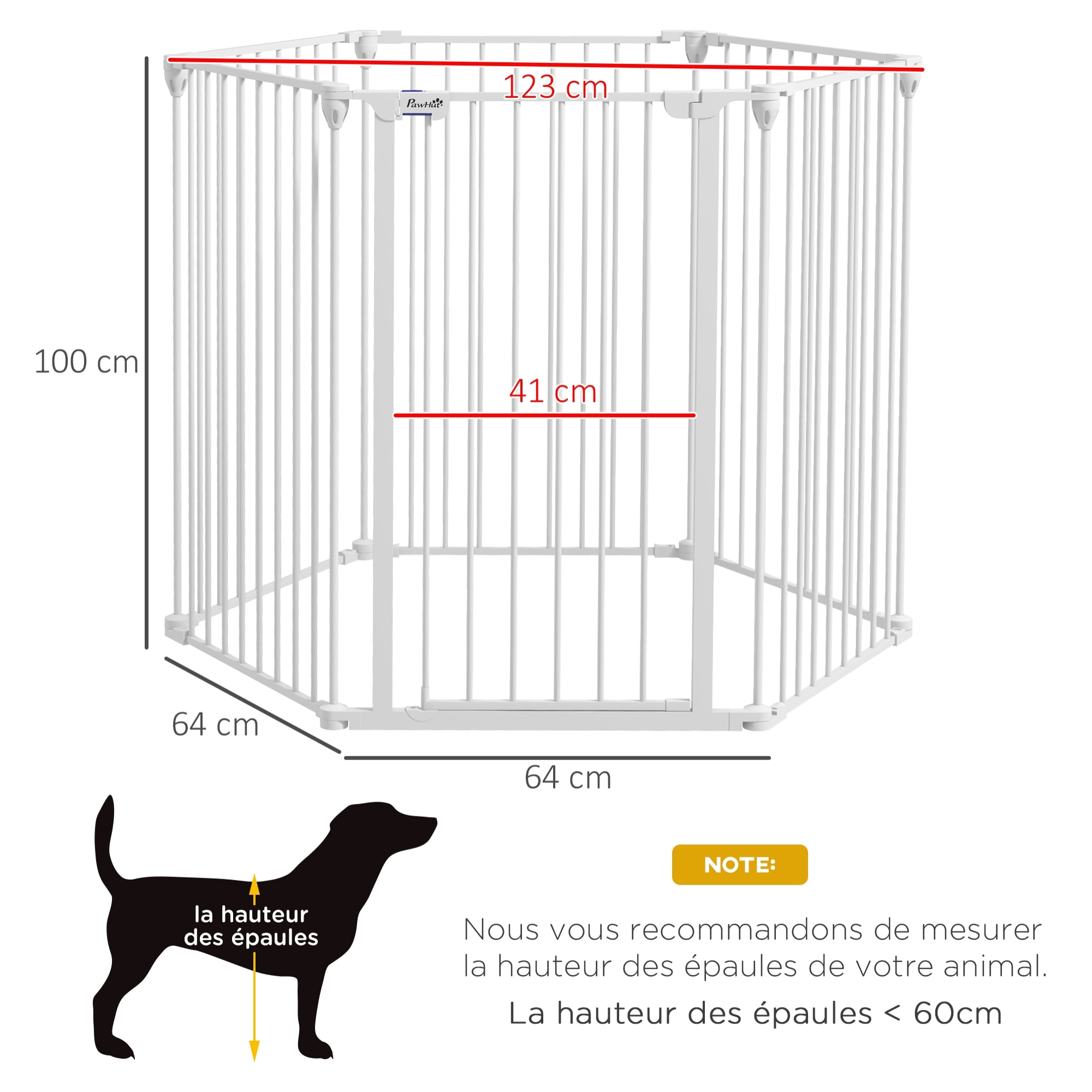 Barrière de sécurité parc enclos chien modulable pliable porte verrouillable intégrée 6 panneaux acier PP blanc