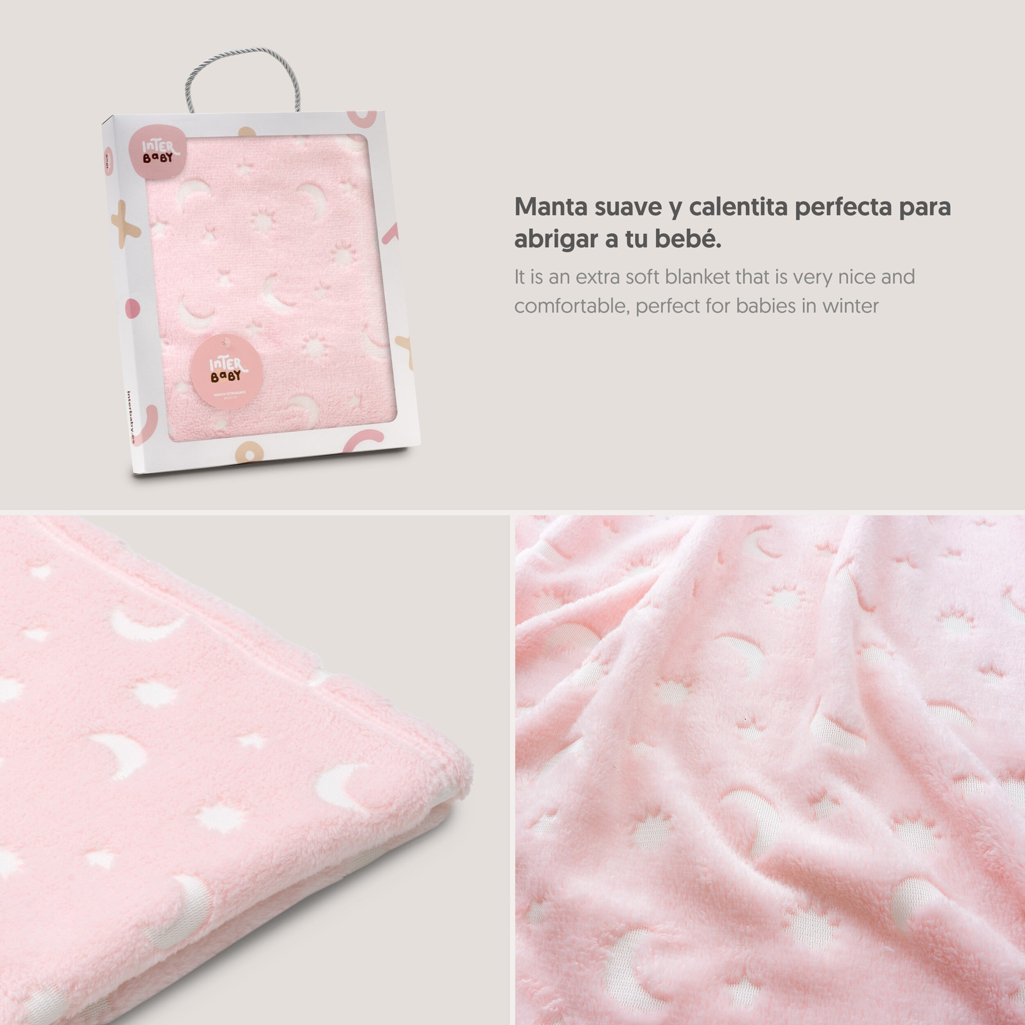 Manta Grabada Luna Estrellas Rosa