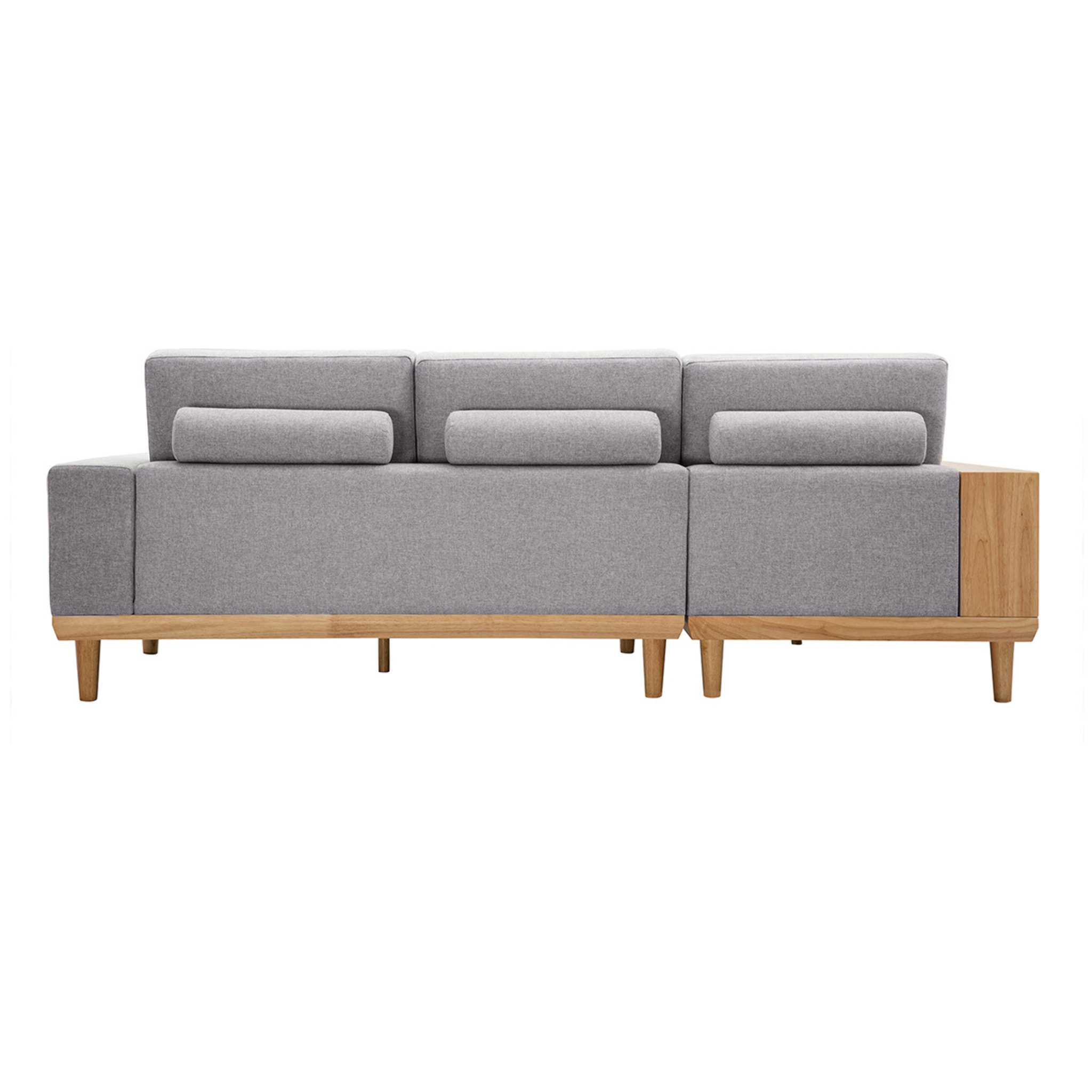 Canapé d'angle gauche 5 places avec rangements en tissu effet velours texturé gris clair et bois clair KOMAO