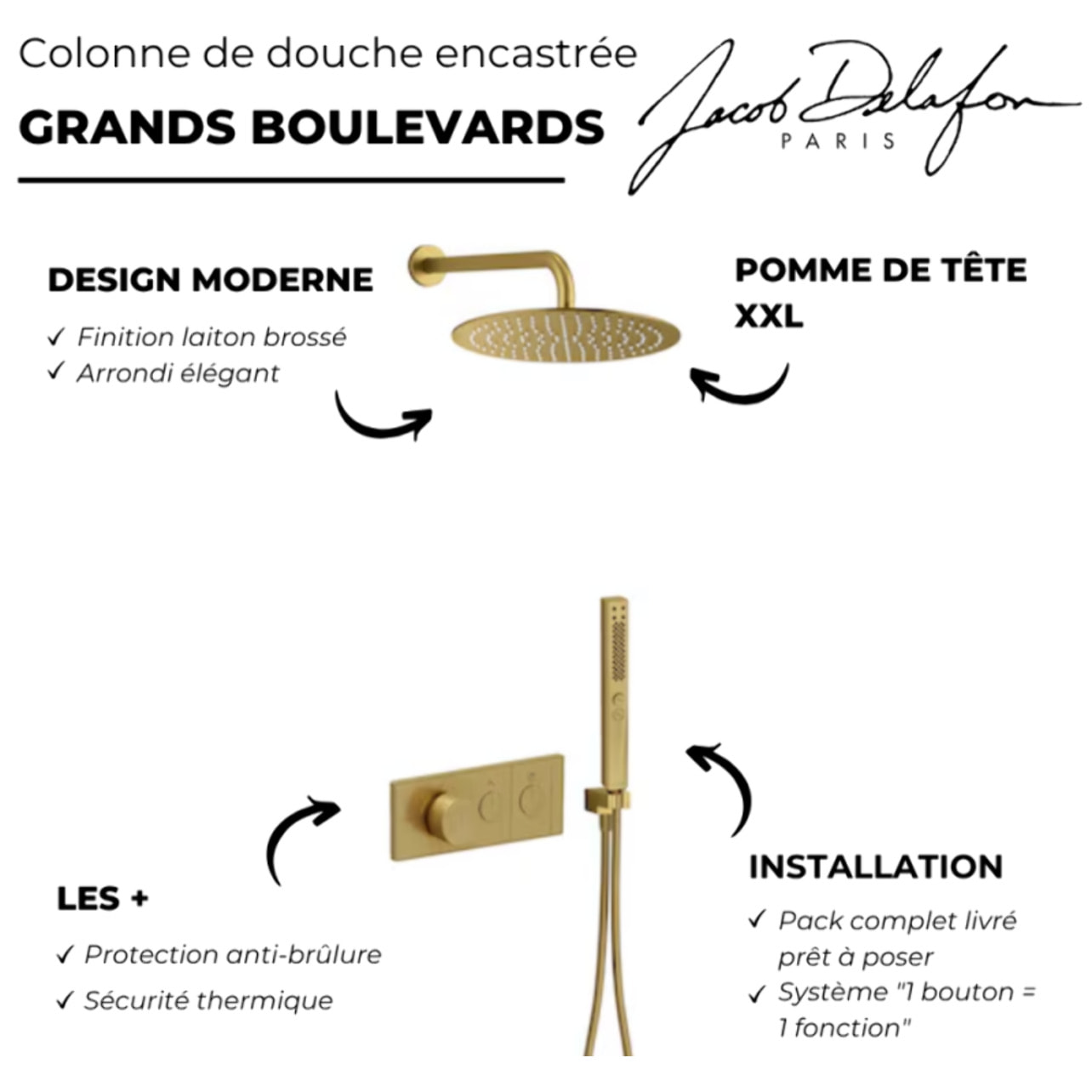 Colonne de douche encastrée thermostatique Grands Boulevards laiton brossé