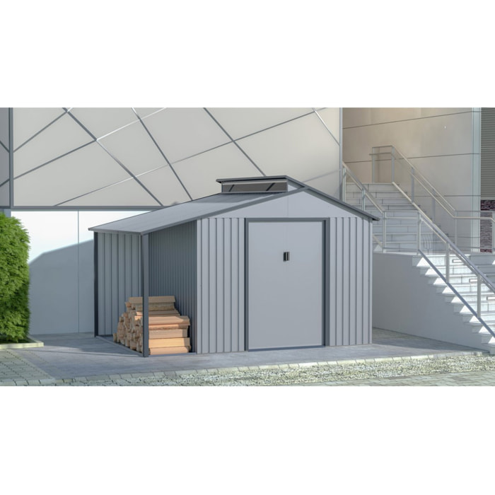Abri de jardin métal avec pergola "Madras" - 9.12 m² - 257 x 355 x 237 cm - Gris