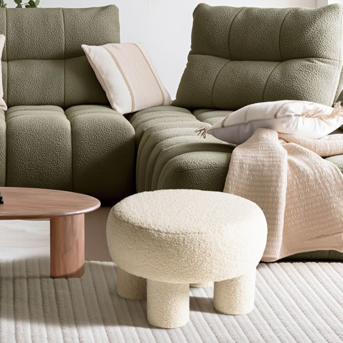 AGATHE - Pouf rond en tissu bouclette blanc D50cm