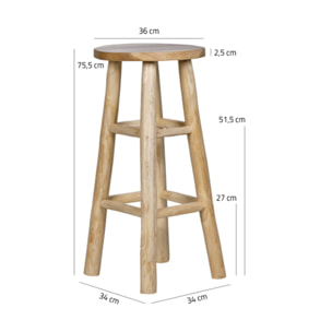 Tabouret de bar rond artisanal 75 cm de haut en bois de teck - MUFASA