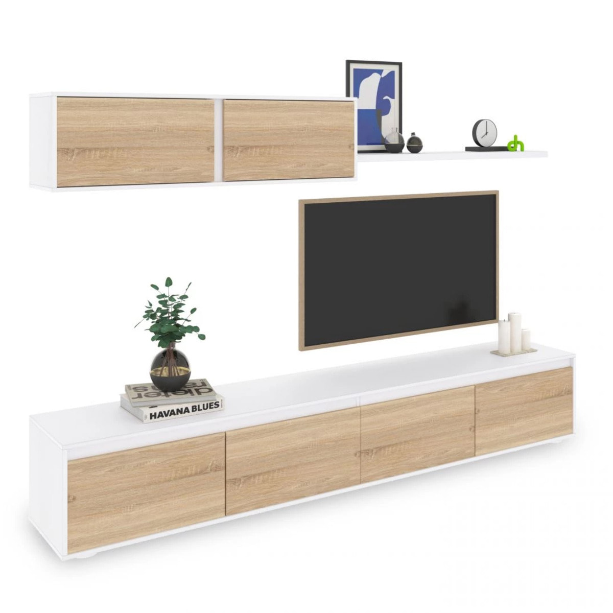 Salón con mueble de TV y estantería en blanco mate y roble canadian 200 cm Arlet Blanco Artik (Blanco Mate) - Roble Canadian