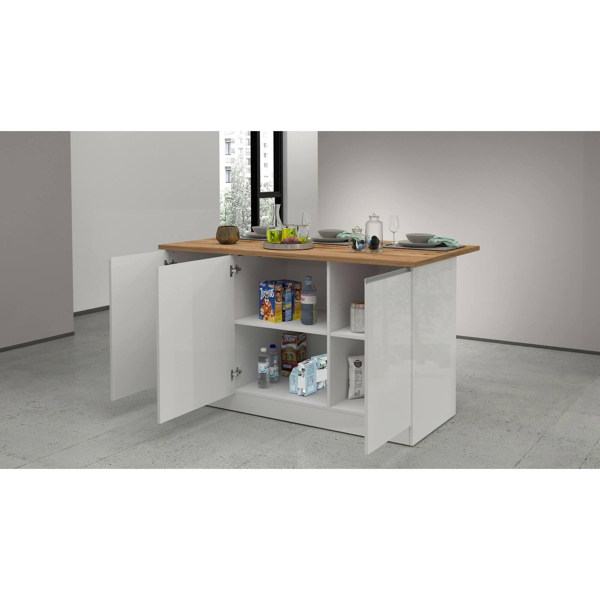 Isola da cucina Dcarnelo, Tavolo ausiliario portaoggetti, Mobile da cucina a 3 ante, 100% Made in Italy, 155x90h90 cm, Bianco lucido e Rovere