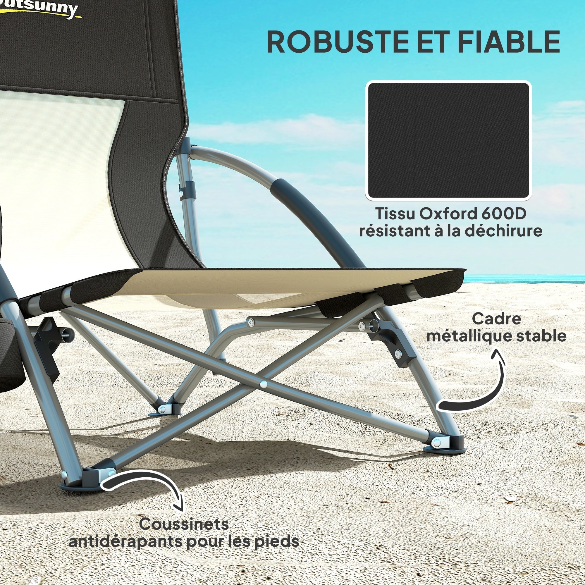 Chaise de plage pliante - chaise de camping compacte légère poids net 2,2 Kg - métal polyester textilène noir