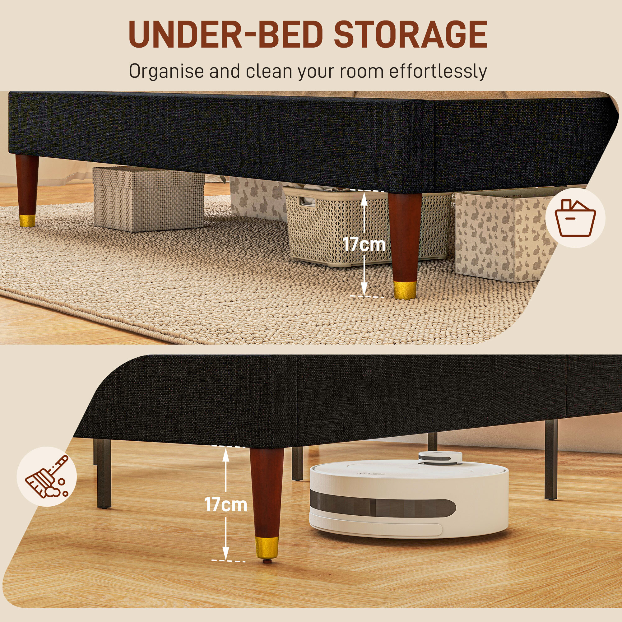Lit double - tête de lit, pied de lit et sommier - compatible matelas 140 x 200 cm - tissu noir