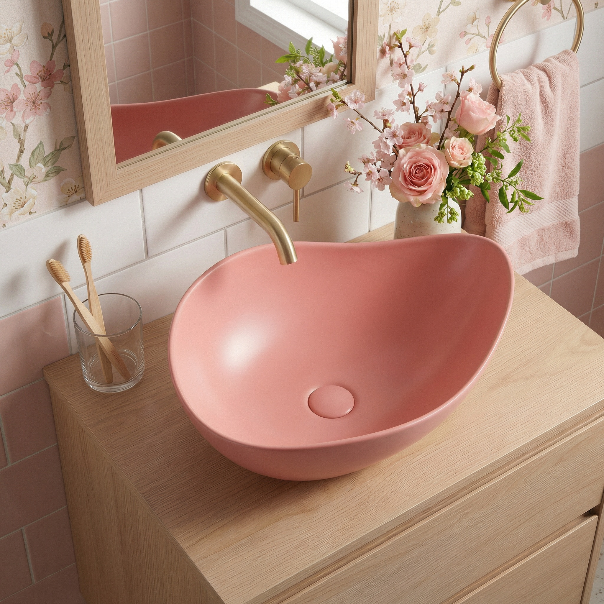 Vasque à poser design asymétrique 50,5 x 38 x 19 cm sans trop-plein rose mat PixL (CEPX5038PM)