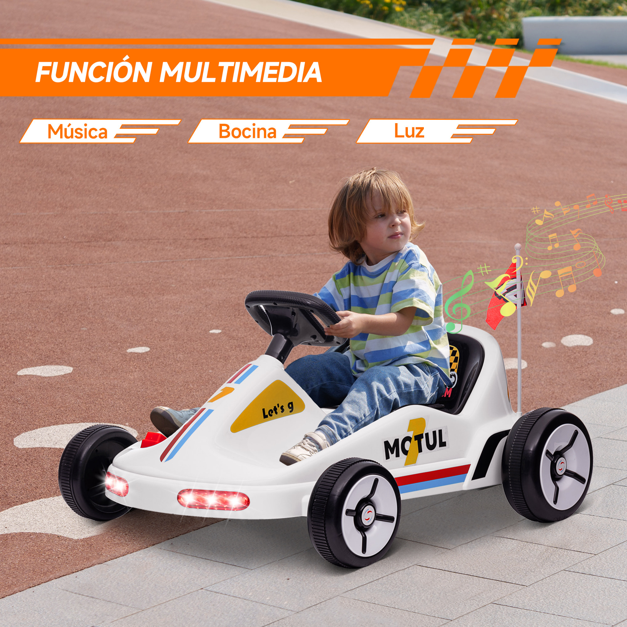 Kart Eléctrico para Niños de +3 Años Kart Eléctrico 6 V con Música Luz Bocina Cinturón de Seguridad Go Kart Carga 50 kg Blanco