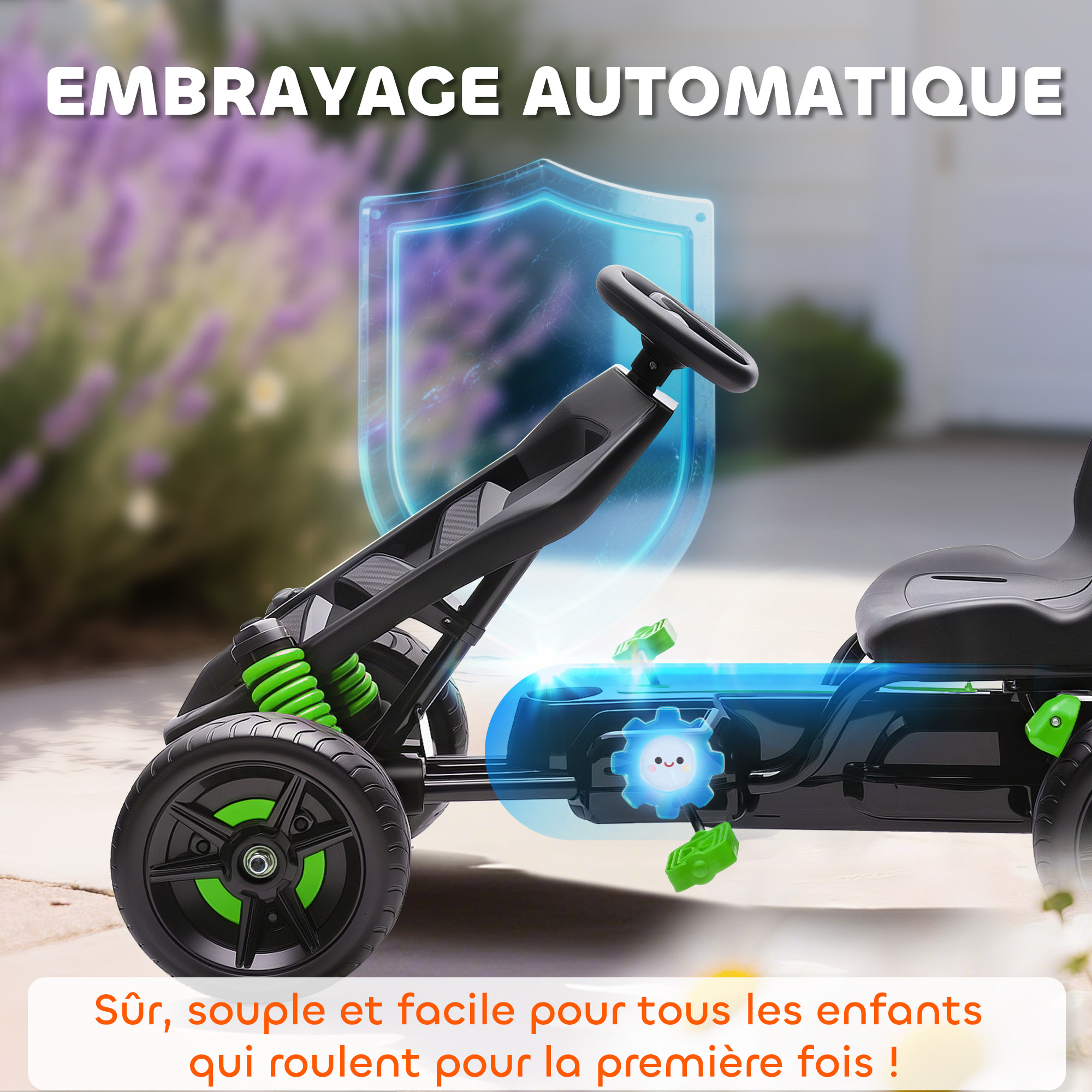 Kart à pédales enfant - Go Kart - carter chaine fermé - marche AV AR - métal plastique noir vert