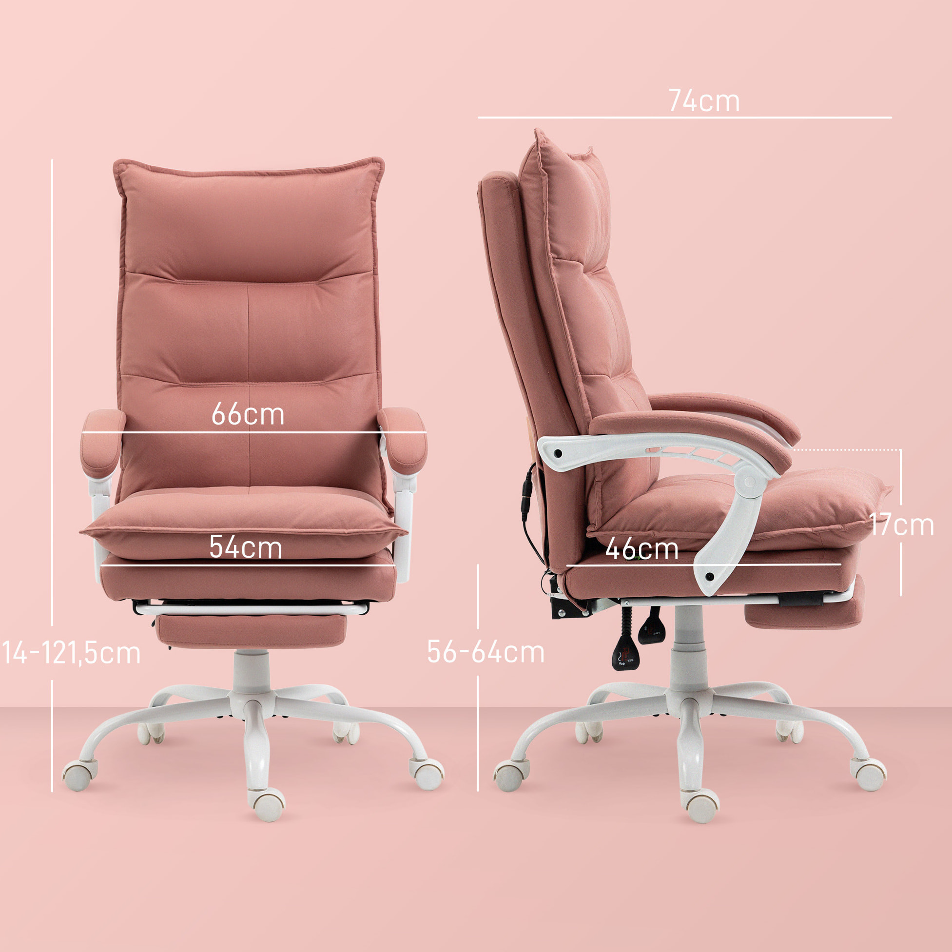 Silla de Masaje con 6 Puntos de Masaje y 5 Modos Silla de Escritorio Reclinable con Función de Calefacción Altura Ajustable Reposapiés y Ruedas para Estudio 66x74x114-121,5 cm Rosa