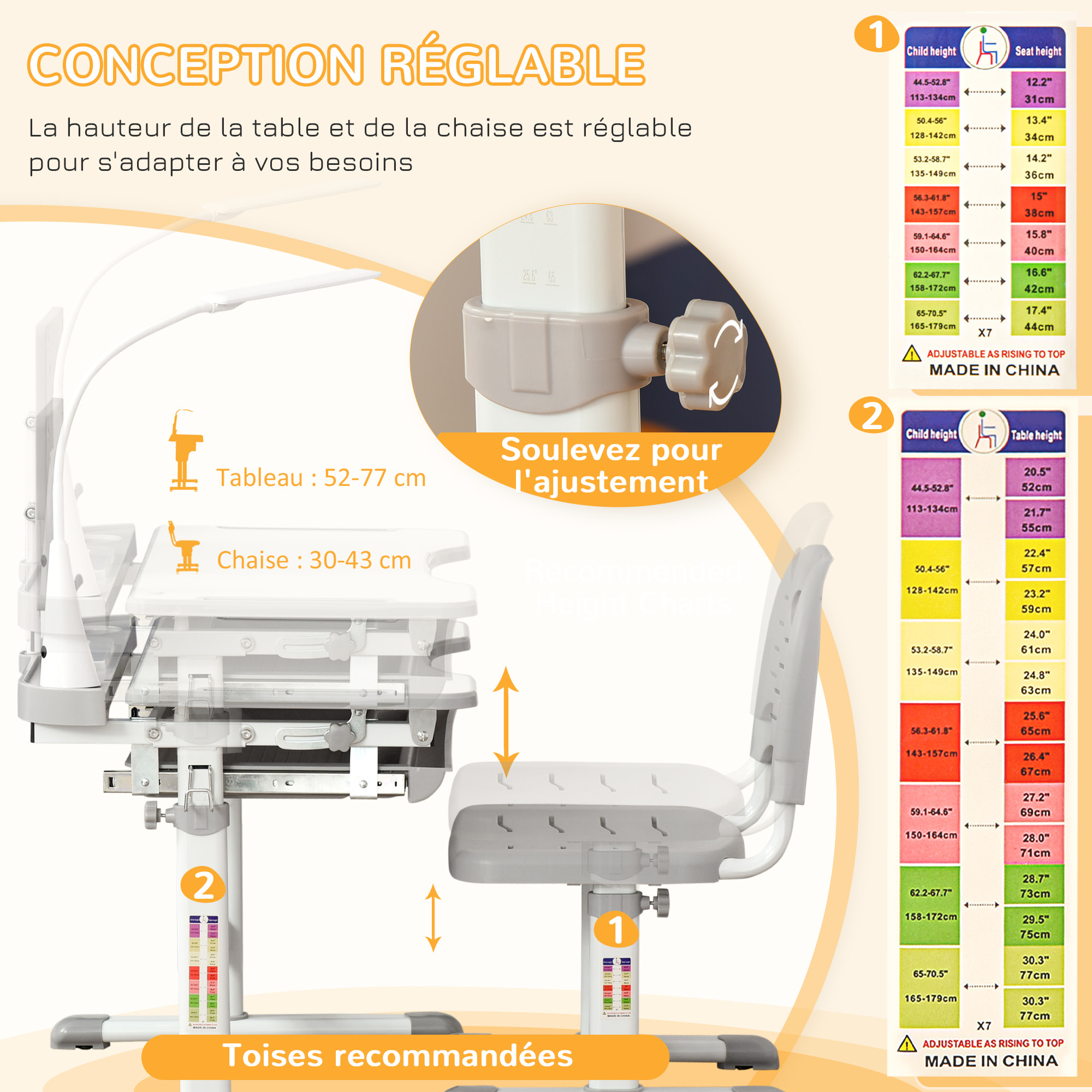 Bureau enfant avec chaise - ensemble bureau et chaise réglable - lampe, support de lecture, tablette coulissante multi-rangement - gris blanc
