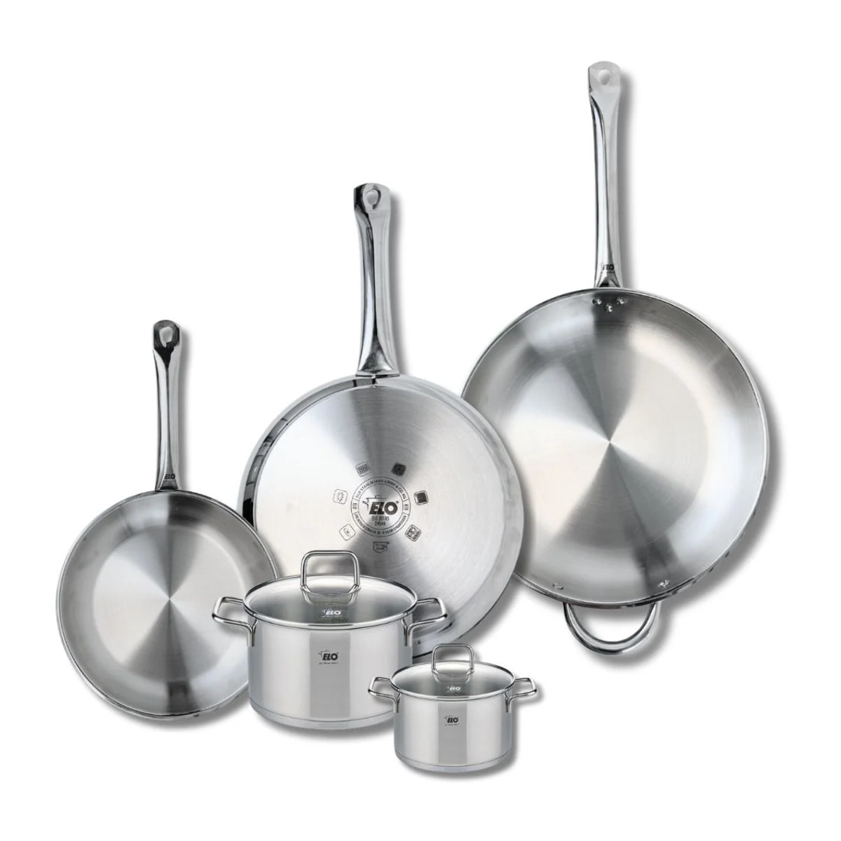 Ensemble de 3 Poêles de cuisson 24, 28 et 32 cm et 2 faitouts 12 et 16 cm Elo Profi Citrin