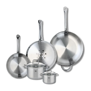 Ensemble de 3 Poêles de cuisson 24, 28 et 32 cm et 2 faitouts 12 et 16 cm Elo Profi Citrin