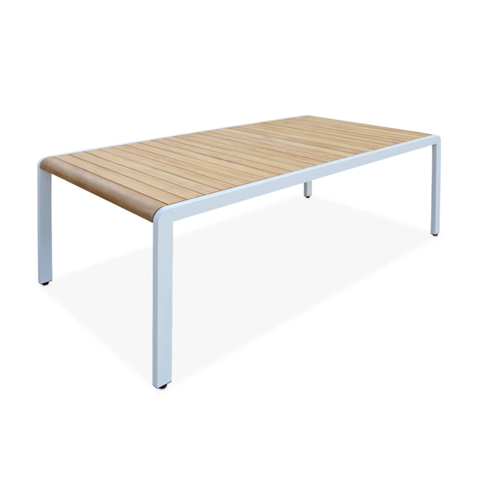Table de jardin en bois teck. structure acier inoxydable blanc cassé. 8 places
