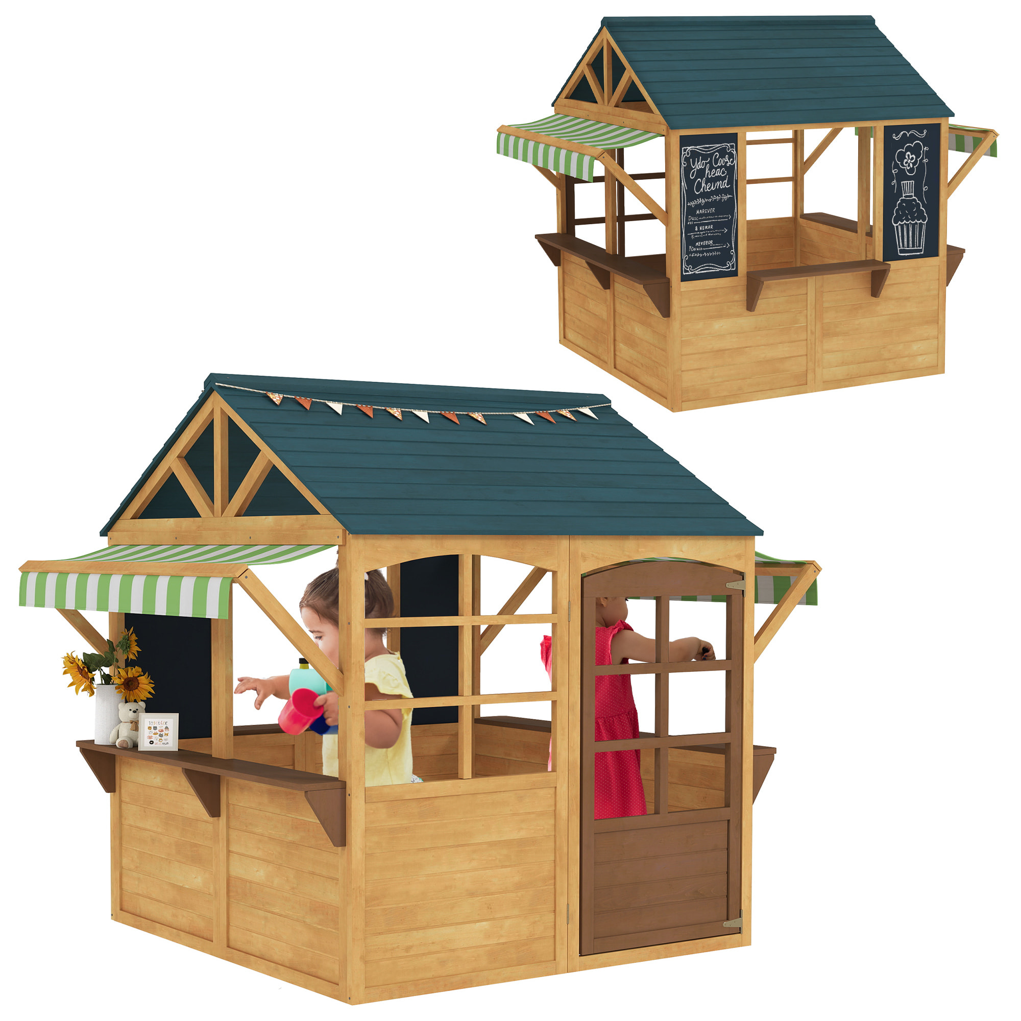 Casita Infantil Exterior de Madera Plegable Casa Jardín Infantil con 2 Pizarras Ventanas y Toldo Casita de Juegos para Niños a Partir de 3 Años Natural