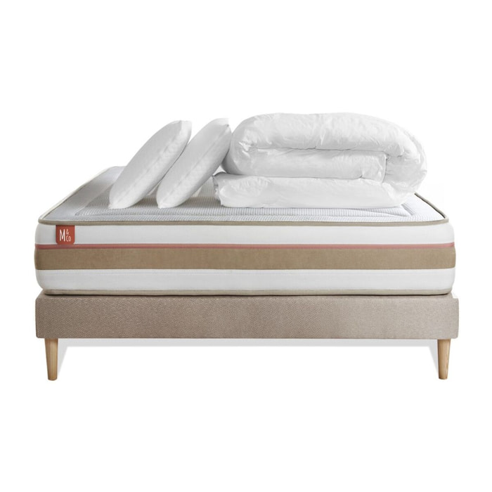 Pack Matelas Le Tendre - 28cm - Ressorts ensachés et mémoire de forme - Enveloppant - Sommier kit Beige - Avec couette et oreillers