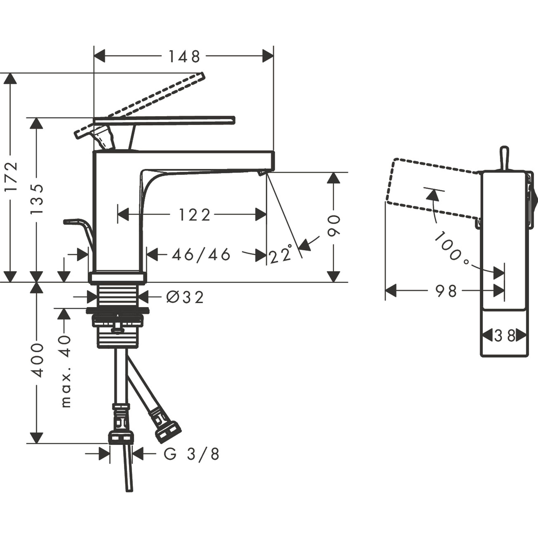 Mitigeur lavabo Tecturis E 80 Ecosmart+ avec vidage métallique, Chromé