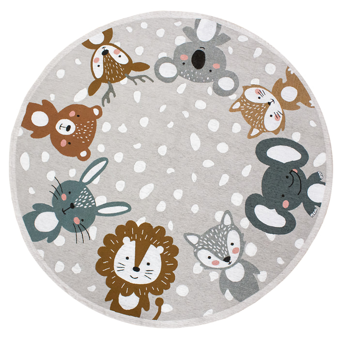 TAPPETO CAMERETTA ANIMALI GRIGIO TONDO DIAMETRO 140 CON FONDO ANTISCIVOLO