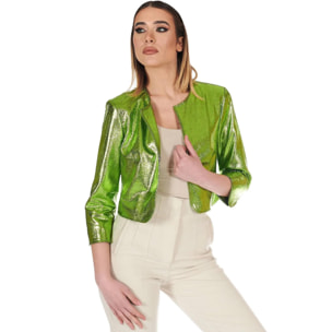 Giacca corta bolero in pelle laminata verde girocollo