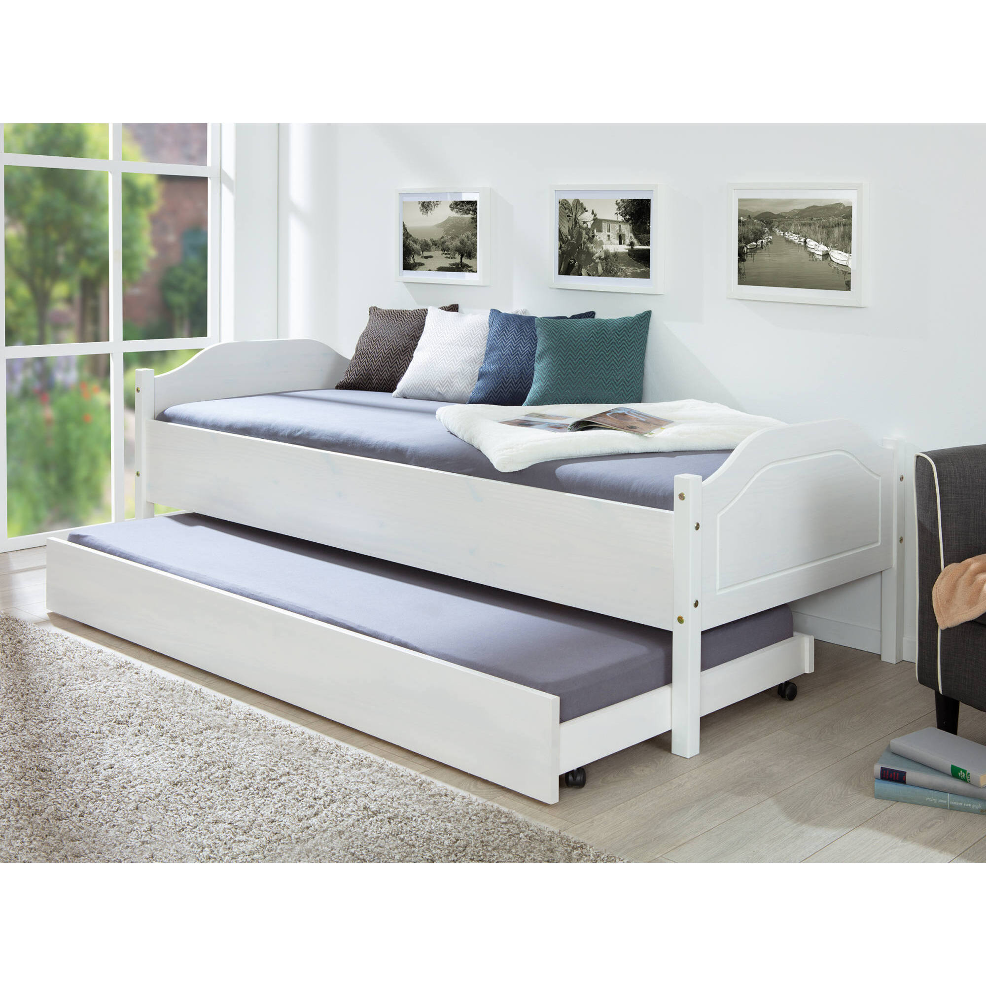 Cassetto con ruote estraibile per letto, in pino massello color bianco, cm 199x94x22