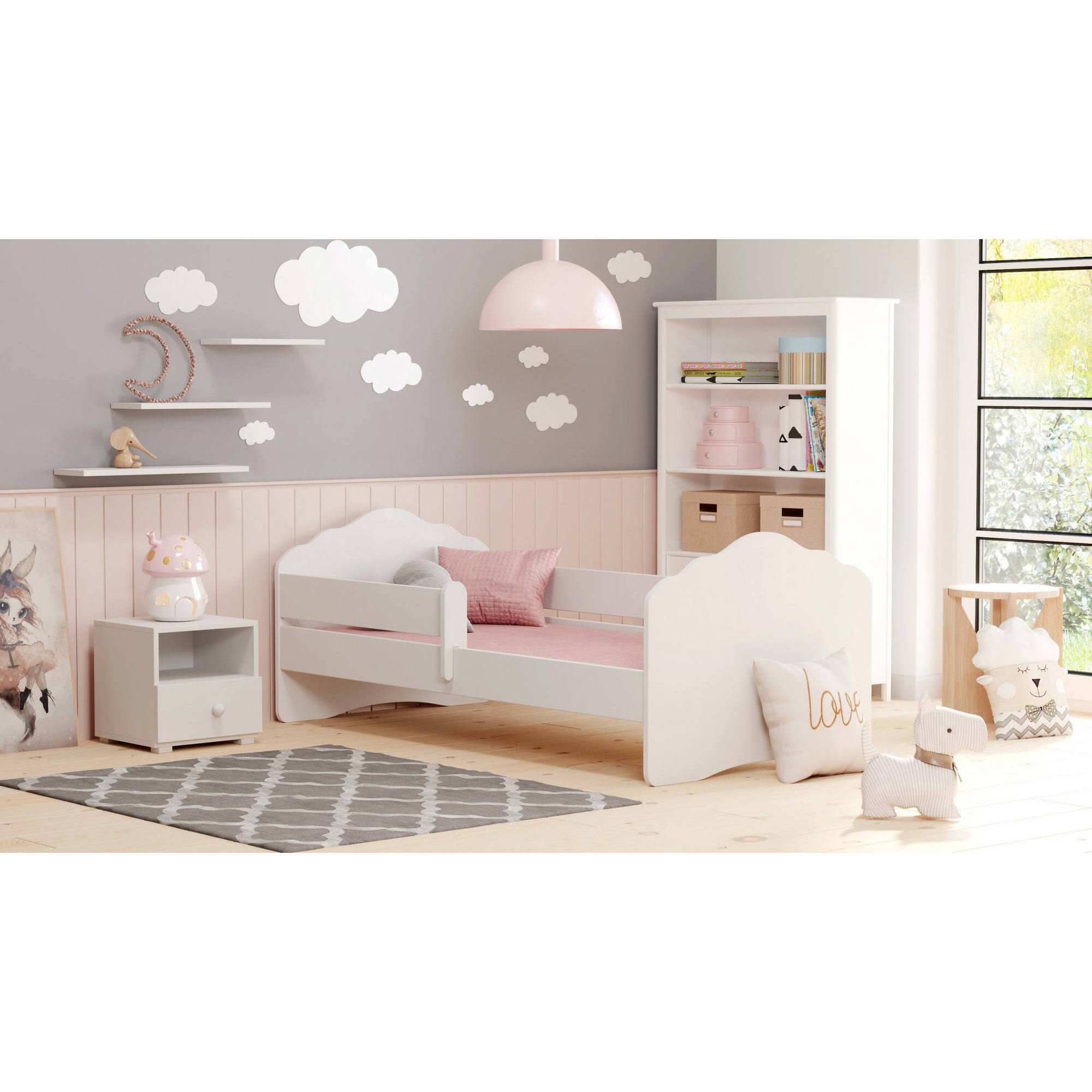 Letto singolo per bambini, Lettino per cameretta, Letto con protezione anticaduta e testiera a "nuvola", cm 144x78h58, colore Bianco