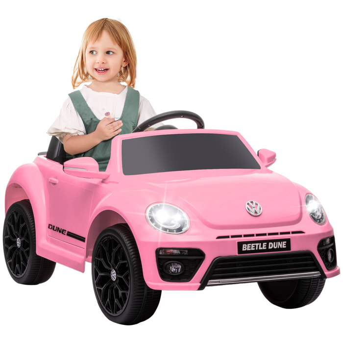 Coche Eléctrico para Niños de +3 Años Volkswagen Beetle Carro Eléctrico Infantil con Batería 12V Mando a Distancia Faros Bocina y Música Rosa