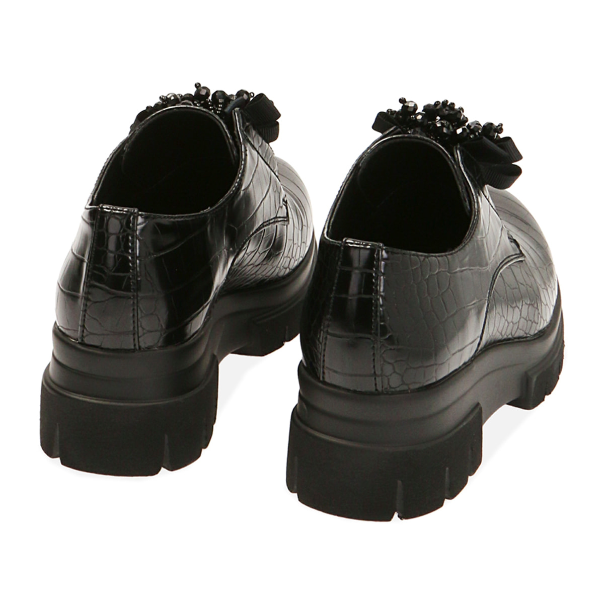 Zapatos con cordones con estampado de cocodrilo negro, tacón de 5,5 cm.