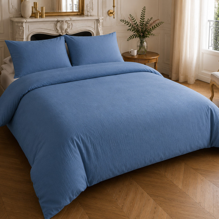 Parure housse de couette 100% gaze de coton unie bleu mer, RELAX