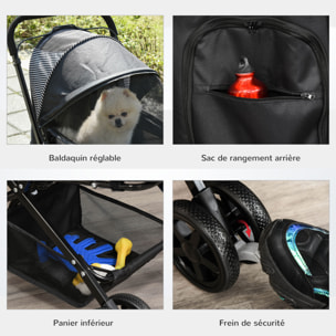 Poussette buggy pliable chien chat panier et sac de rangement attaches sécurité housse réglable poignée réglable acier Oxford noir